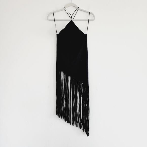 Zara Black Ribbed Halter Top with Long Black Fringe Hem Size Small - Picture 6 of 11